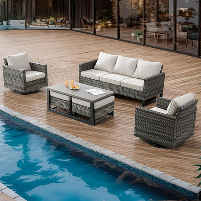 Wicker Outdoor Patio Furniture Set - 6 Piece Patio Conversation Set with 2 Swivel Rocker Chairs,2 Rattan Ottoman,1 Couch and 1 Metal Coffee Table for Outside Porch Deck Backyard(Mixed Grey/Beige)