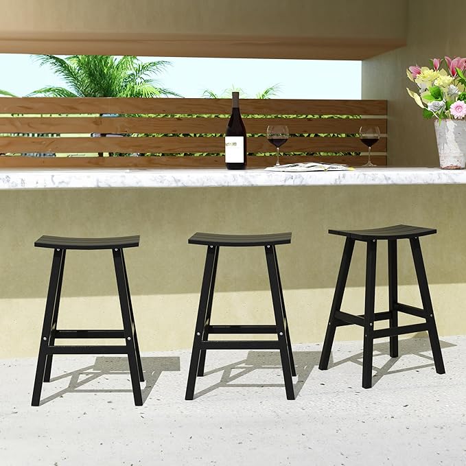 Costaelm All-Weather Bar Stools Set of 3, 29" Height Outdoor Bar Stools, Adirondack Poly Patio Bar Stool for Patio, Deck, Kitchen Counter and Garden, Black