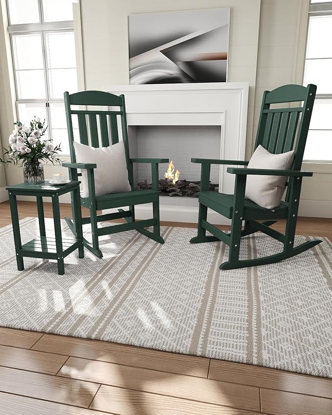 Outdoor Rocking Chairs Set of 2, Oversized High Back Patio Rocking Chairs, All Weather Porch Rocking Chairs for Outside. Dark Green