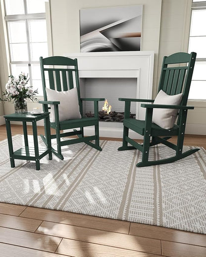 Outdoor Rocking Chairs Set of 4, Oversized High Back Patio Rocking Chairs, All Weather Porch Rocking Chairs for Outside. Dark Green
