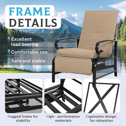 Incbruce 2 Pieces Outdoor Lounge Recliner Set, Adjustable Metal Recliner Sofa Chair and Umbrella Stand Side Square Table Suitable for Garden, Pool, Yard (Brown)