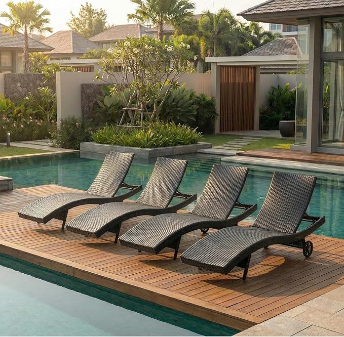 Wicker Outdoor Lounge Chairs with Rolling Wheels, Pool Lounge Chairs Set of 4, Rattan Outdoor Lounger with Pull Out Side Table, Adjustable Backrest Patio Chaise Lounges, Dark Brown