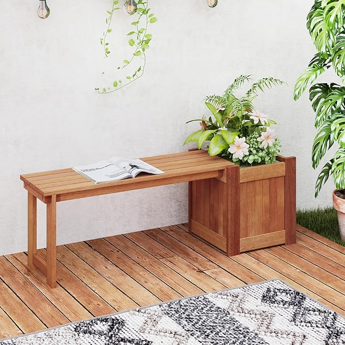 HAPPYGRILL Outdoor Bench with Raised Garden Bed, Wood Planter Box with Spacious Seat, Open-Ended Base for Herbs Fruits Vegetables, 2-in-1 Garden Bench for Yard Balcony