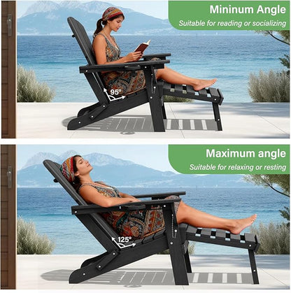 LOUNZY Folding Adjustable Adirondack Chair with Retractable Ottoman Set of 2,HDPE Recliner Adirondack Chair with Cup Holder for Deck Lawn Fire Pit,Black