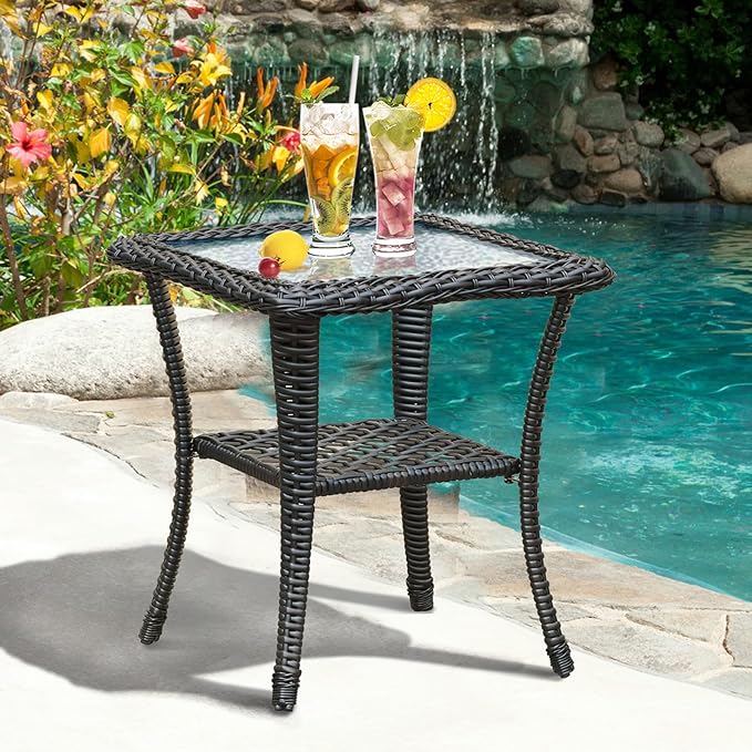 ATR ART TO REAL Outdoor Side Table, Indoor Outdoor Tempered Glass Top Wicker Coffee Bistro Table, All-Weather Patio Square Storage End Table, Steel Frame, 20''x 20''x20''