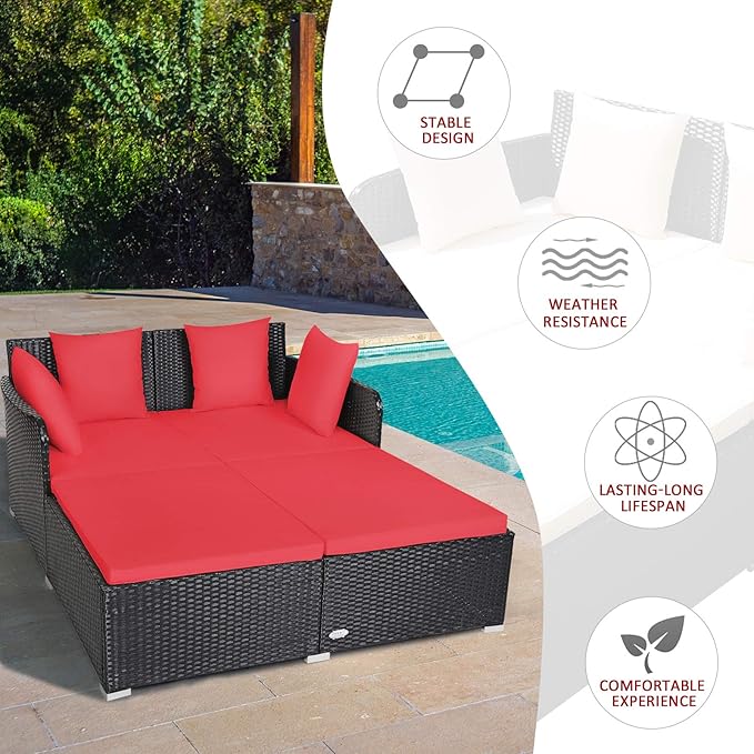 COSTWAY Outdoor Patio Rattan Daybed, Sponge Cushioned Loveseat Sofa with 4 Pillows, Wicker Furniture Sunbed for Balcony - Photo 3