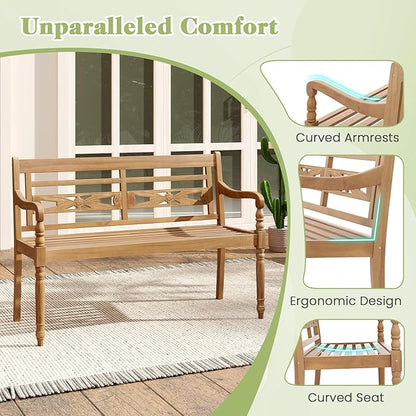 Large Outdoor Wood Bench, 2 Person Natural Teak Wood Bench w/Armrests and Backrest, Wood Garden Bench for Porch, Park, Yard and Patio