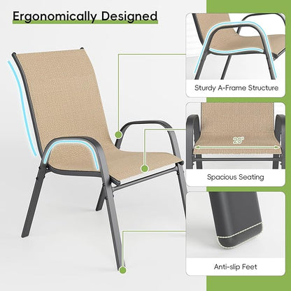 Patio Chairs Set of 4, Outdoor Dining Chairs Stackable for All Weather, Breathable Metal Modern Outside Furniture Chair for Pool Side, Garden, Backyard Deck, Brown