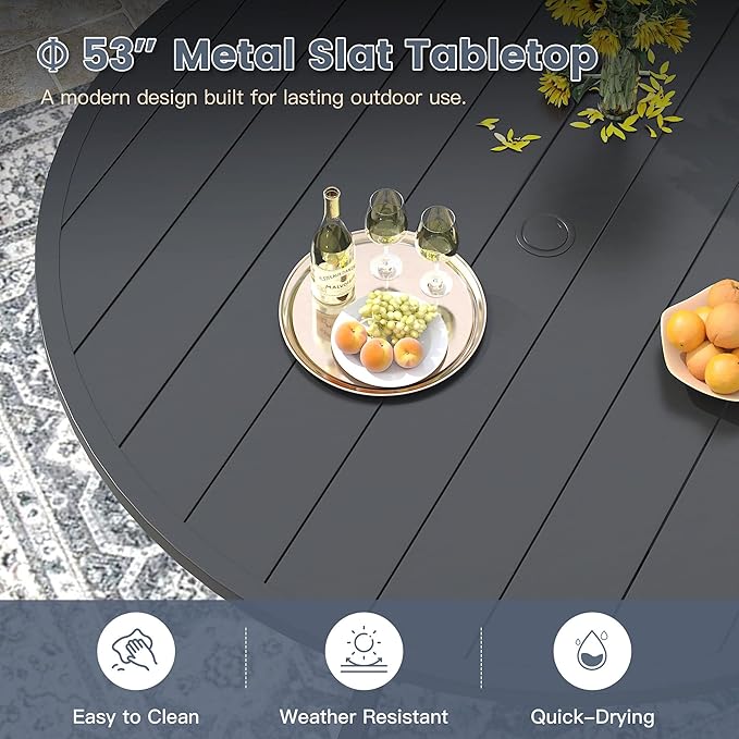 VICLLAX 53" Round Patio Dining Table for 6-8, Metal Outdoor Dining Table with Umbrella Hole for Garden, Patio, Balcony, Black