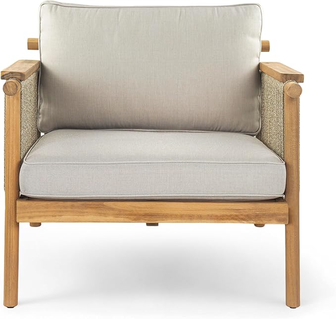Christopher Knight Home Hadley Patio Club Chairs with Water-Resistant Cushion, Acacia Wood Lounge Chair Outdoor, Wooden Outdoor Accent Chair, Armrest Sofa Set for Garden Porch Backyard, Teak+Beige