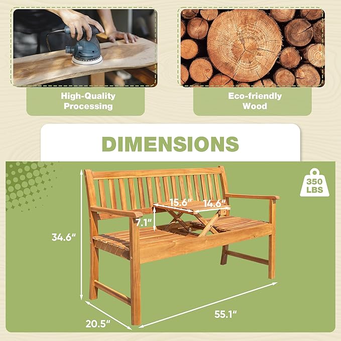 Greesum Outdoor Bench 2-Person Acacia Garden Chair Patio Porch Furniture with Foldable Small Table Plate for Deck, Yard - Photo 3