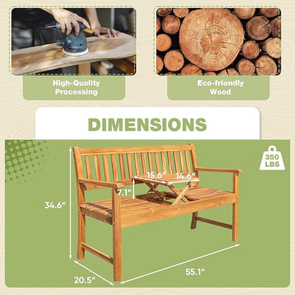 Greesum Outdoor Bench 2-Person Acacia Garden Chair Patio Porch Furniture with Foldable Small Table Plate for Deck, Yard, Balcony, Natural