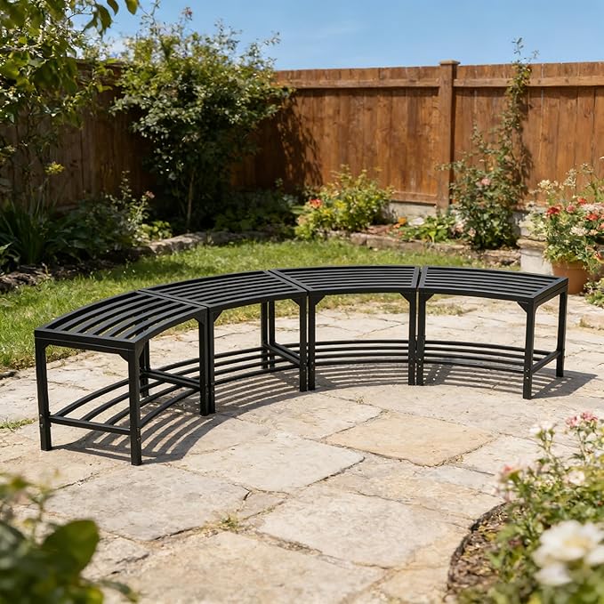 Heavy-Duty Outdoor Metal Benches Set of 4, Backless Curved Fire Pit Seating with Weatherproof, Quick Assembly for Patio - Photo 1