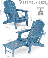 SoliWood Set of 2 Oversized Outdoor Wooden Folding Adirondack Chair with Retractable Ottoman - Photo 3