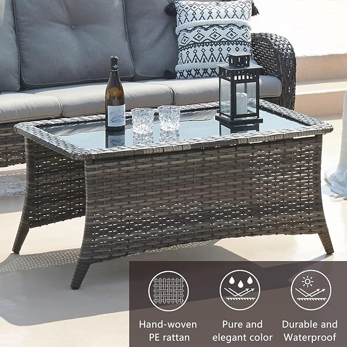 HUMMUH Outdoor Coffee Table Patio Rattan Patio Side Table Built-in Black Glass Top PE Wicker Rectangle Sofa Table Grey