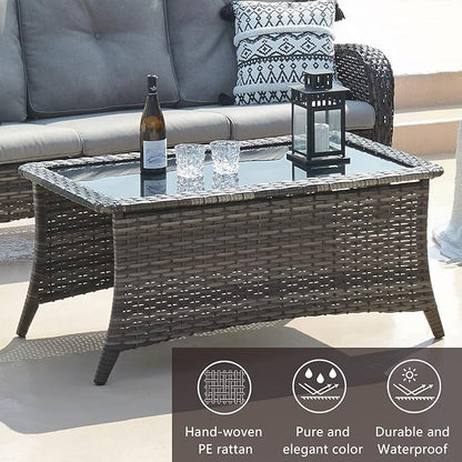 HUMMUH Outdoor Coffee Table Patio Rattan Patio Side Table Built-in Black Glass Top PE Wicker Rectangle Sofa Table Grey