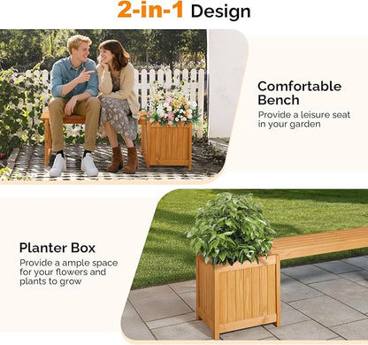 VINGLI Outdoor Wood Bench with Planter Boxes, 2-in-1 All-Weather Porch Bench Seat ＆ Open-Ended Wooden Raised Garden Bed, for Balcony Yard Patio (1 Box)
