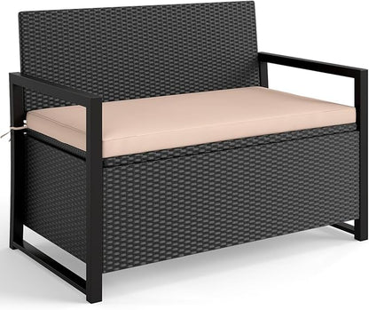 Tangkula 40 Gallon Outdoor Bench with Storage, Patio Wicker Storage Bench with Cushion, Cover, Metal Frame, Deck Box Seat for Backyard, Poolside, Balcony, Garden