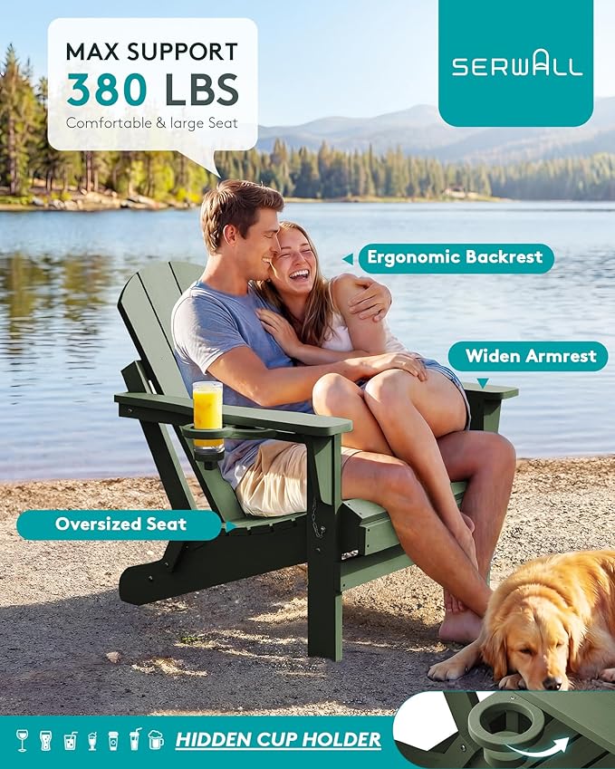 SERWALL Foldable Adirondack Chair with Cup Holder Set of 2 for Patio Garden Outdoors Fire Pit Chairs-Avocadogreen