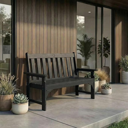 2-Person Outdoor Garden Bench, HDPE All-Weather Patio Bench with Backrest & Armrests, Heavy Duty Outdoor Seating for Porch, Backyard & Park, 660 lbs (Black, 1 Bench)