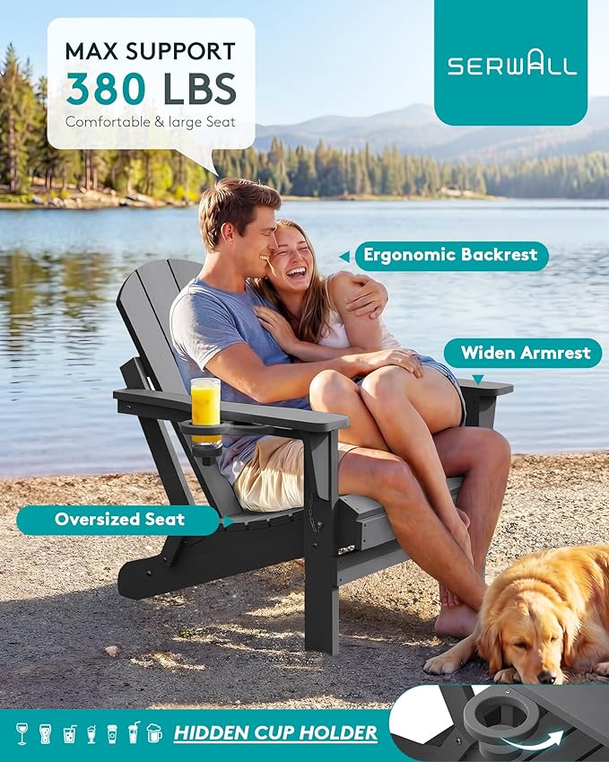 SERWALL Folding Adirondack Chair with Cup Holder Set of 2, All Weather Adirondack Chairs - Photo 6