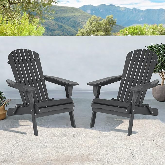 Folding Adirondack Chairs Set of 2, All-Weather Wide Armrest Wooden Outdoor Chairs, Fire Pit & Front Porch Chairs - Photo 1