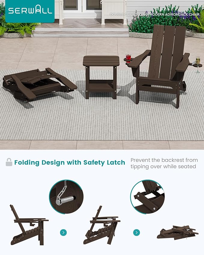 SERWALL Modern Adirondack Chairs Set of 6, Folding Adirondack Chair with Cup Holders, Outdoor HDPE Adirondack Chair for Patio Lawn Garden, Coffee