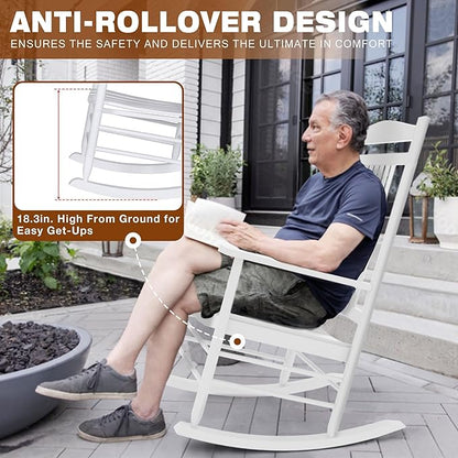 MUPATER Outdoor Rocking Chair Sets 3-Piece, Bistro Table and Chairs Set of 2,Patio Wooden Rocker Bistro Set with Foldable Table and Curved Seat, White