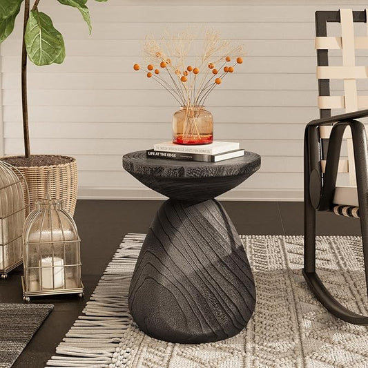 COSIEST Outdoor Side Table Colored Faux Wood, Stump End Stool w Tree Rings, Round Side Wood Tree End Table for Plant Stand, Deck or Garden, Grey