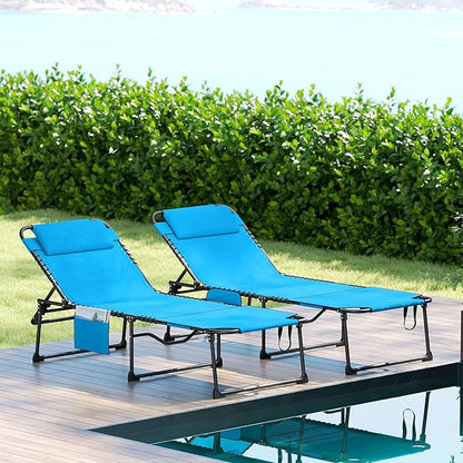 Outsunny 2 Piece Folding Chaise Lounge with 5-Level Reclining Back, Tanning Chair with Face Hole, Outdoor Lounge Chair with Side Pocket & Headrest for Beach, Yard, Patio, Blue