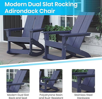 EMMA + OLIVER Harmon Adirondack Rocking Chair - Navy Poly Resin - Suitable for Indoor/Outdoor Use - All Weather Materials - Easy Assembly - 350 lb. Weight Capacity