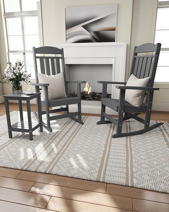 Outdoor Rocking Chairs Set of 2, Oversized High Back Patio Rocking Chairs, All Weather Porch Rocking Chairs for Outside. Dark Grey