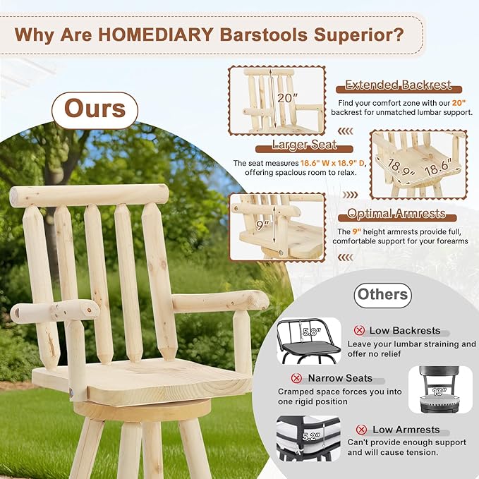 HOMEDIARY 3 Piece Outdoor Swivel Adirondack Bar Set, 41.9" Patio Log Bar Height Table & 2 Bar Stools with High Back - Photo 4