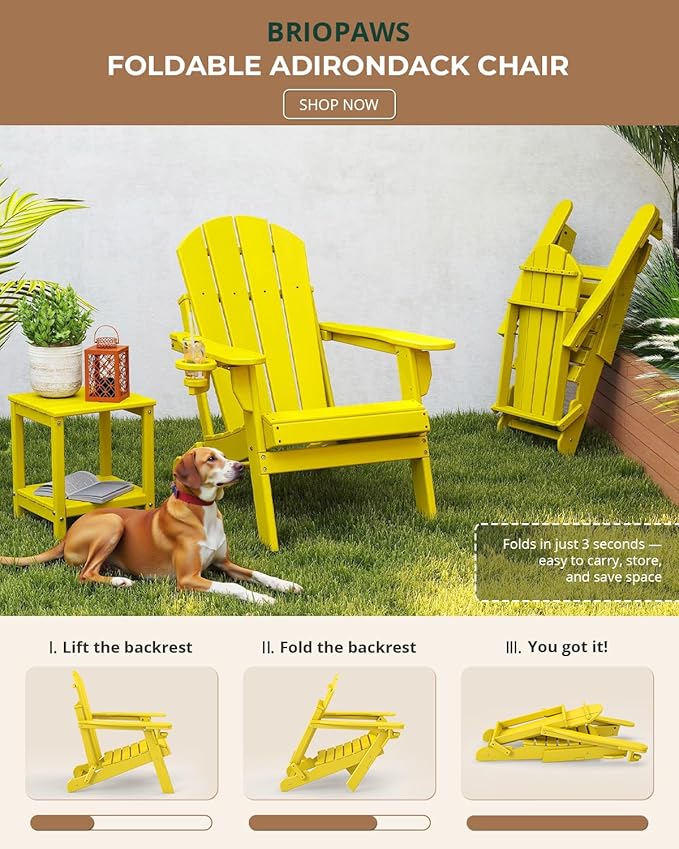 BRIOPAWS Folding-Adirondack-Chairs Set of 2 | HDPE | Fire Pit Chair | Cup Holder | Weather Resistance | Yellow | for Outdoor Backyard Deck Patio