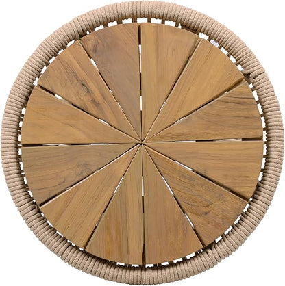 Merax 2 Pieces Round Outdoor Side Table Set, Bohemian Patio Side Tables with Acacia Wood Top and Beige Handwoven Rope Base for Garden, Pool, Yard, Elegant Hourglass Design, No Assembly, 25.8" Height