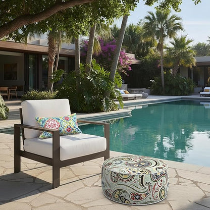 LVTXIII Indoor/Outdoor Inflatable Ottoman with Handle D21 x H9 Inch, Weather-Resistant Round Footstool Pouf for Patio Camping Living Room, Portable Footrest Extra Seating, Paisley Light Cyan