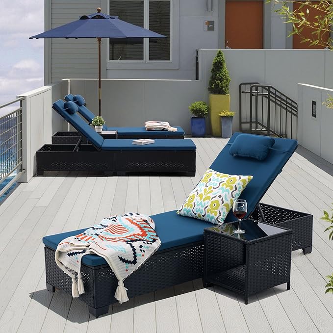Patio Chaise Lounge Outdoor Lounge Chair Chaise Lounger Patio Reclining Chair with Angle Adjustment by PE Rattan Aluminum Alloy for Courtyards Poolside Garden Beaches Clearance (Slate Blue)