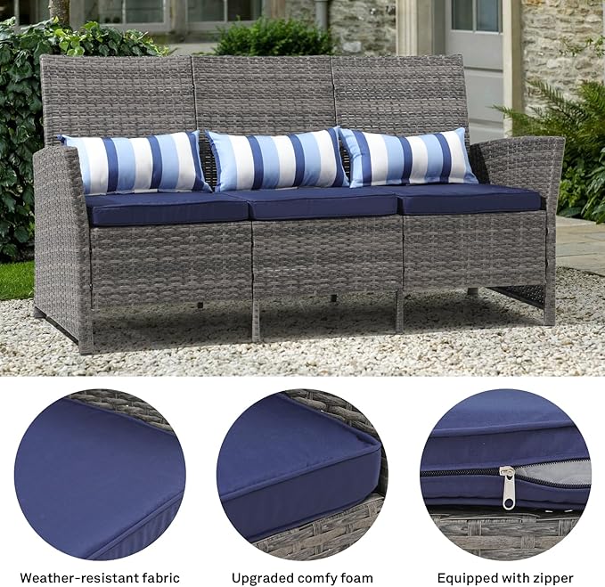 SUNSITT Outdoor Furniture 3 Seats Patio Couch, Outdoor Wicker Sofa, Grey PE Wicker with Blue Cushions & Lumbar Pillows - Photo 7