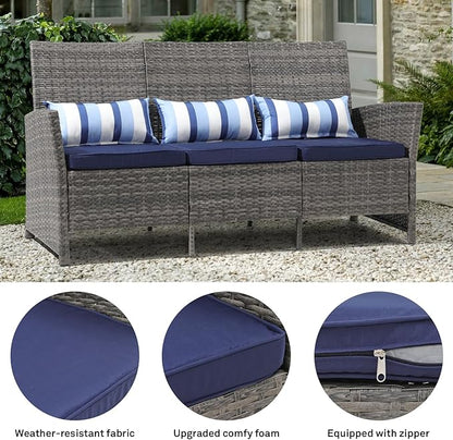 SUNSITT Outdoor Furniture 3 Seats Patio Couch, Outdoor Wicker Sofa, Grey PE Wicker with Blue Cushions & Lumbar Pillows, Porch, Backyard, Pool, Steel Frame | Outdoor Wicker Sofa, Grey PE Wicker, Blue Cushions, Lumbar Pillows, Steel Frame