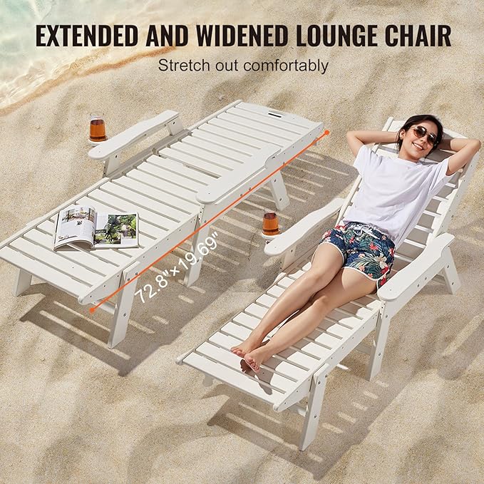 VEVOR Chaise Lounge Chair, 400 lbs Weight Capacity, 6 Positions Adjustable Patio Lounge Chair, Outdoor HDPE Lounge Chair with Backrest & Cup Holder, for Pool Poolside Deck Backyard Lawn, White