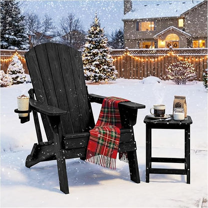 Folding Adirondack Chair with Cup Holder, HDPE All Weather Resistant Plastic Outdoor Patio Chairs, Heavy Duty Fire Pit Seating for Backyard Lawn Garden, Wooden Textured Design(Black)