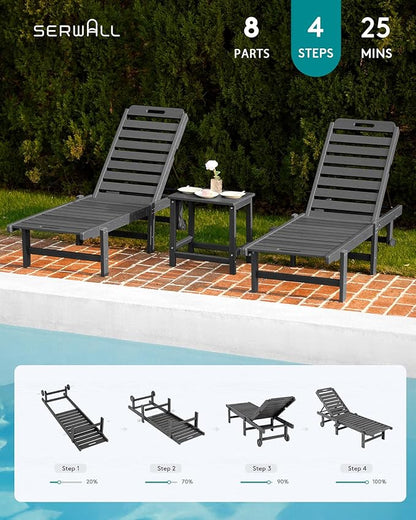 SERWALL Outdoor Chaise Lounge Set of 8, HDPE Pool Lounge Chairs with 5-Position Adjustable Backrest, Patio Loungers with Rolling Wheels & Cup Holder for Pool Sunbathing, Grey