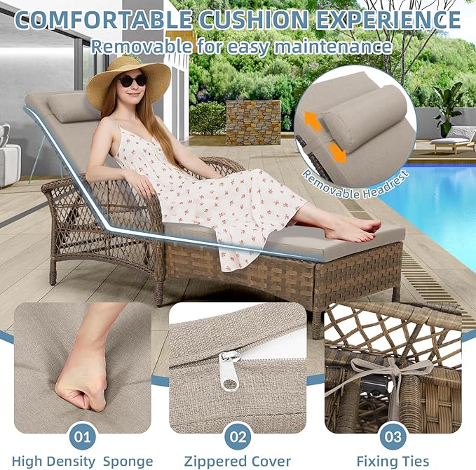 Outdoor Chaise Lounge Chair, PE Wicker Long Recliner Patio Lounge Chair with Cushion - Photo 5