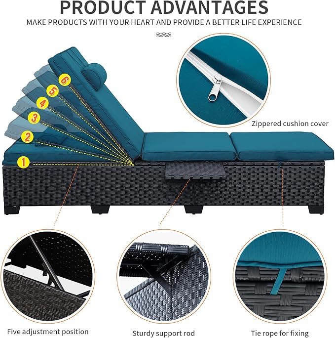 WAROOM Outdoor Chaise Lounge Chairs for Outside Patio Furniture Set of 2 Wicker Recliner Black Rattan Sunbathing - Photo 5