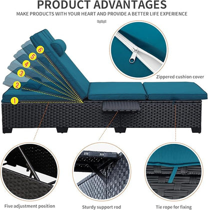 WAROOM Outdoor Chaise Lounge Chairs for Outside Patio Furniture Set of 2 Wicker Recliner Black Rattan Sunbathing Lounger Adjustable Backrest Pool Reclining Chair, Peacock Blue Cushion