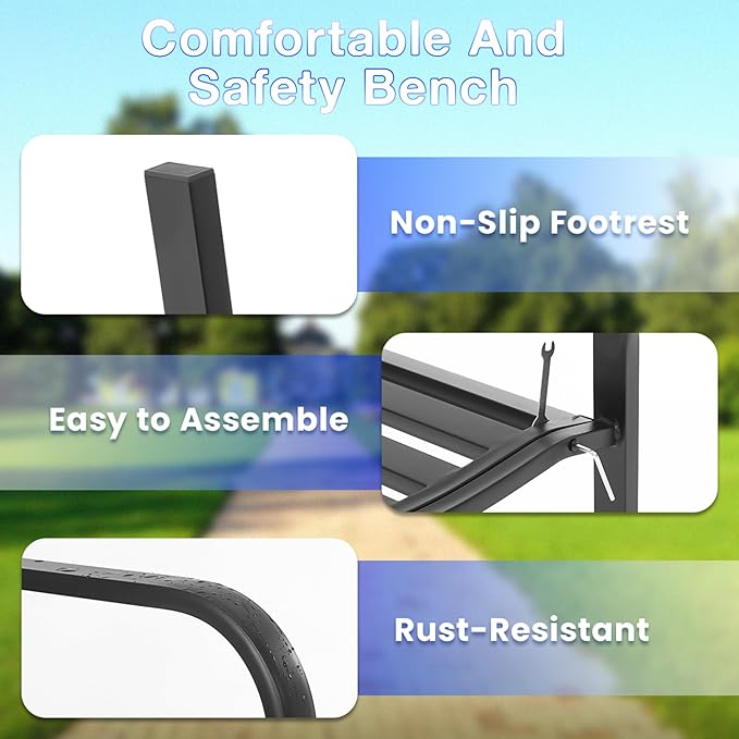 24/7 Shop at Home Lance 46 Inch Modern Metal Outdoor Bench with Back, All Weather Resistant and Non-Slip Footrest, Front Porch Furniture for Yard, Lawn, Park, Patio, Garden Chair, Black