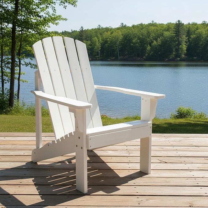 Shine Company Mid-Century Modern Wooden Adirondack Chair, Outdoor Patio Firepit Chairs, Back & Seat Pre-Assembled, Eggshell White