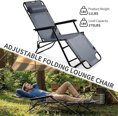 Outdoor Folding Chaise Lounge Chair, Patio Sun Lounger Reclining Beach Chair Sun Patio Pool Lawn Recliner Chair (Gray)
