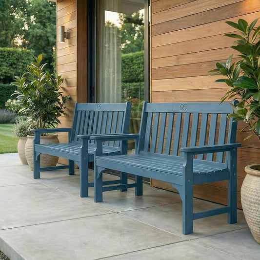 2-Person Outdoor Garden Bench, HDPE All-Weather Patio Bench with Backrest & Armrests, Heavy Duty Outdoor Seating for Porch, Backyard & Park, 660 lbs (Navy Blue, 2 Benches)
