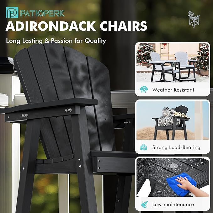 Tall Adirondack Chair Set of 2 with Double Connecting Tray, Recycled HDPE with Wood Grain, Weather Resistant, Outdoor Adirondack Chairs for Deck, Balcony, Patio, Backyard, Black